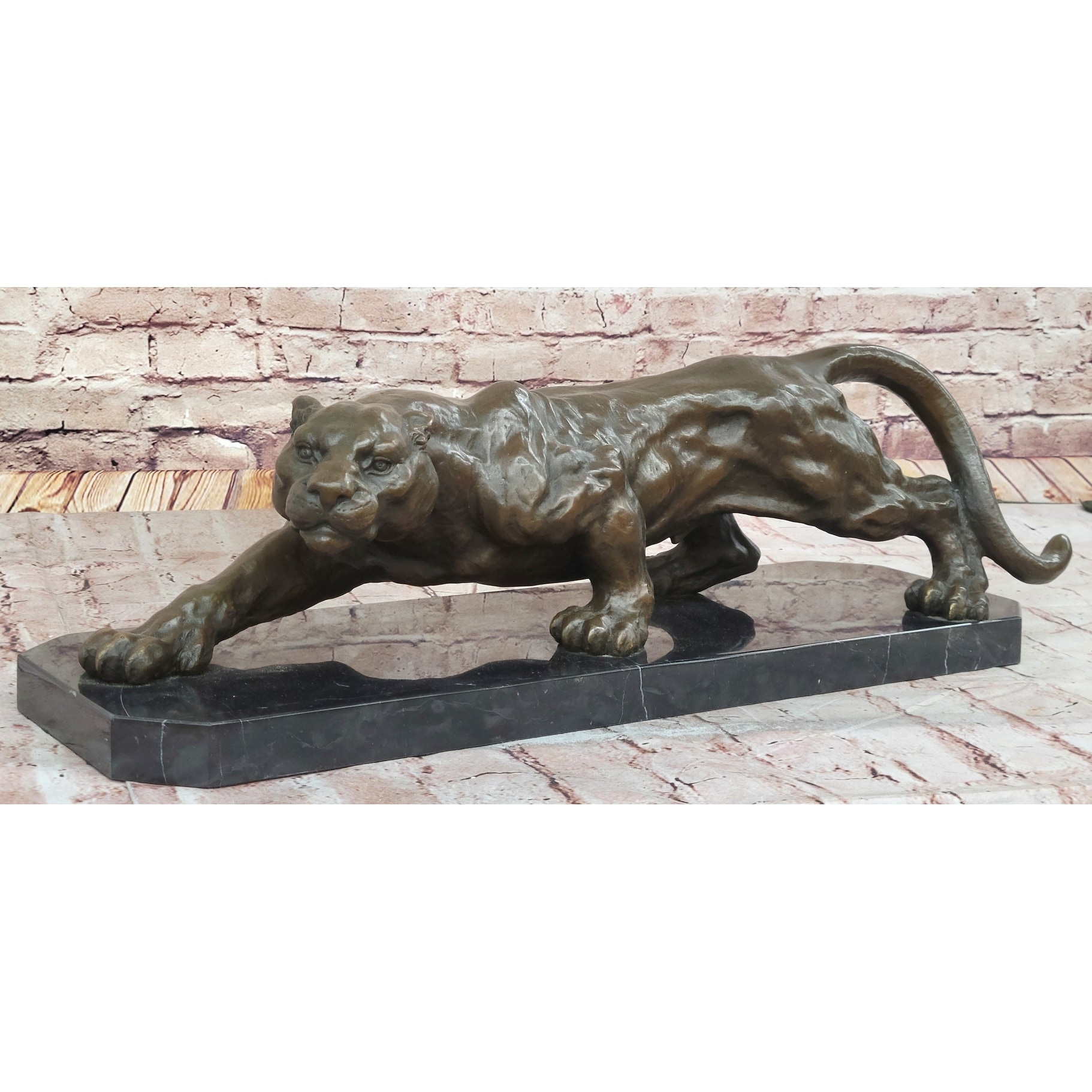 Stalking Panther Cougar Lioness Bronze Sculpture Statue Figure Art On Marble Base