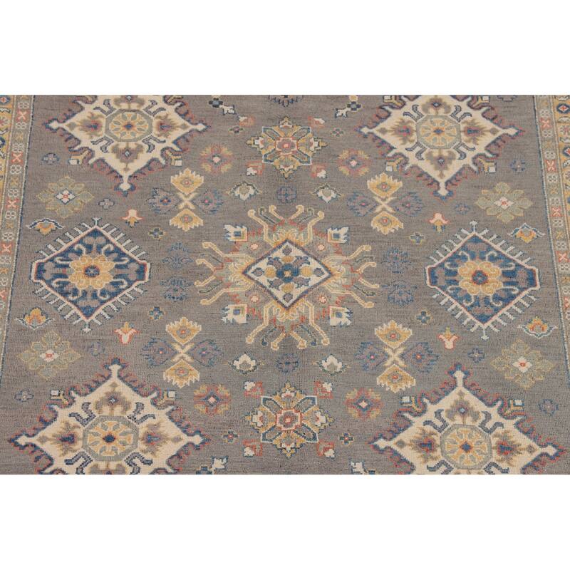 Hand Knotted Oriental 100% Wool Carpet Traditional Geometric Greys & Charcoal Kazak Area Rug - 9' 9'' X 6' 5''