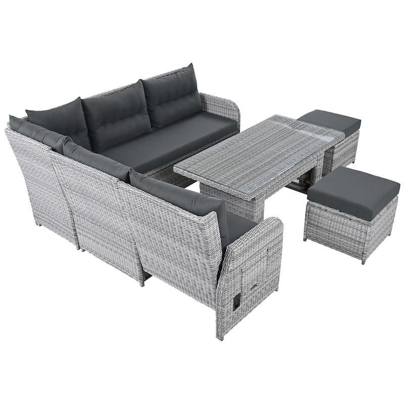 Outdoor Furniture Set Patio Rattan Furniture Set with an Adjustable Table, Recliners with Extendable Side Tables