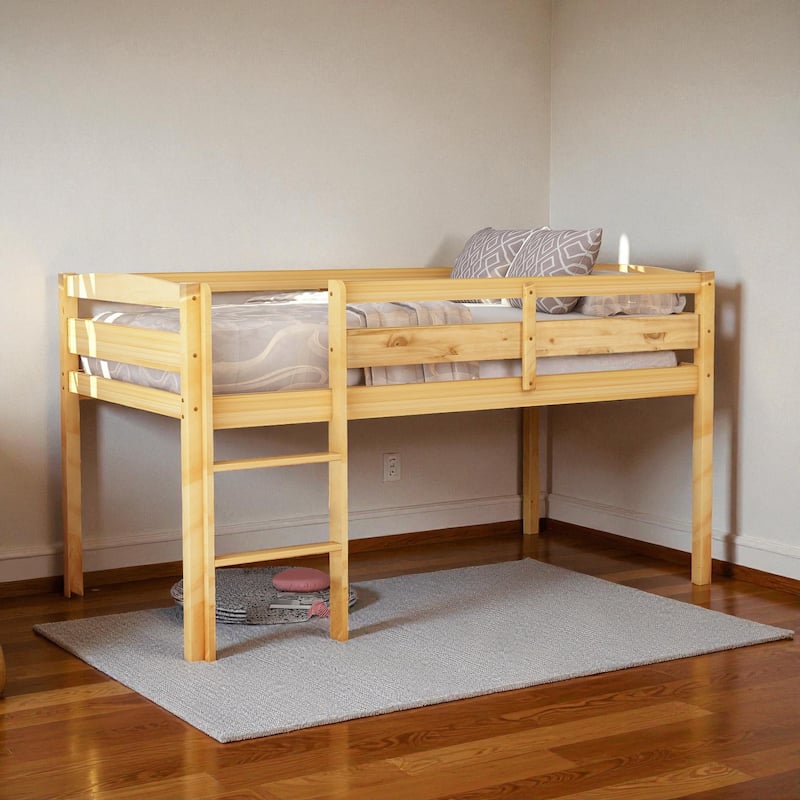 Twin Wood Low Loft Bed with Ladder, Solid Pine Frame Loft Bed for Kids, Space-Saving Design, No Box Spring Needed - Walnut - Twin