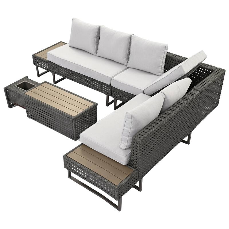 5-Piece Weave Patio Sectional Furniture Set with Extendable Coffee Table with Ice Bucket