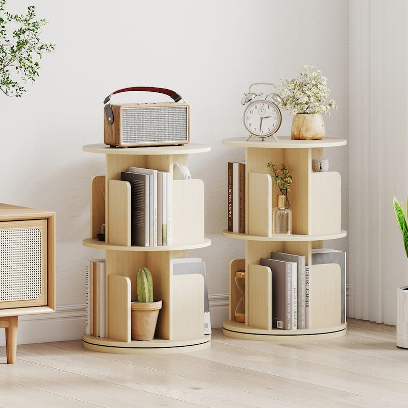 2-Tier Freestanding Bookshelf with Rotating Storage Shelves Rack for Books or Decor - 15.5" x 15.5" x 26"