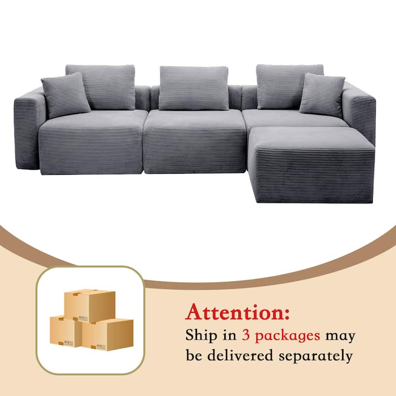 Corduroy Sectional Modular Sofa with Square Arms & Ottoman Extension for Flexible Arrangements