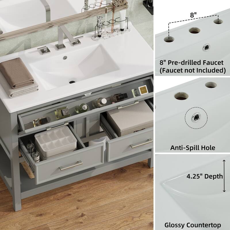 Bathroom Vanity with Sink, Multi-Functional Wood Bathroom Cabinet, Vanities Set with Open Shelf, Tip-Out Tray & 2 Drawers