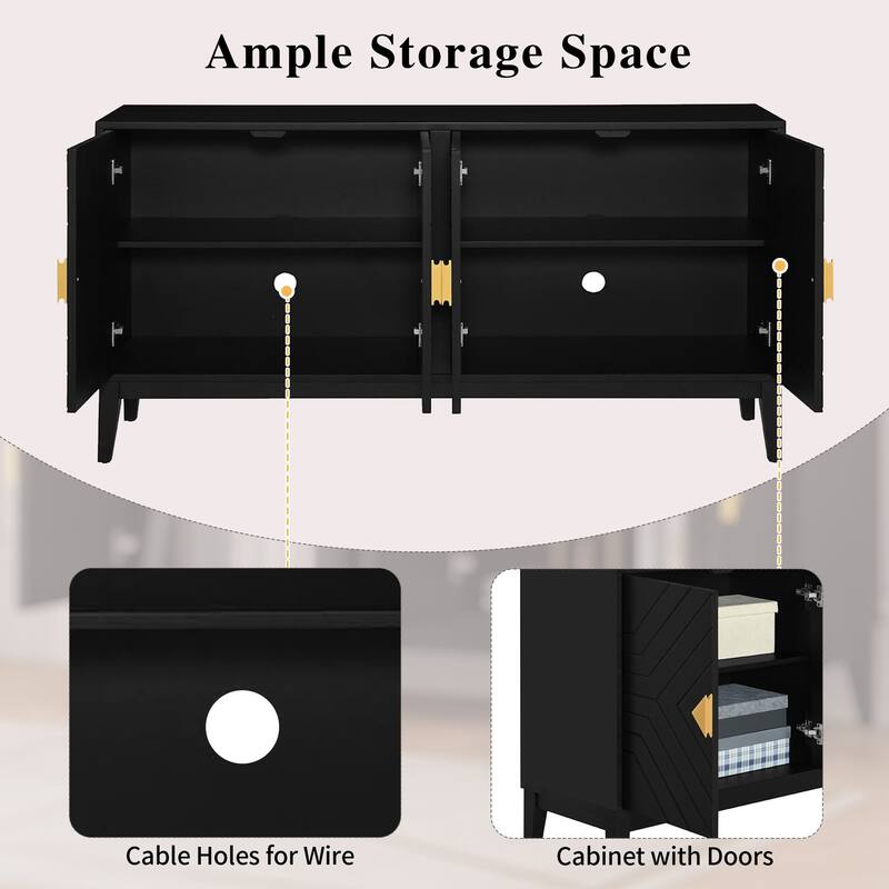 Roomfitters 4-Door Sideboard Storage Cabinet with Two Large Cabinets, Gold Handles and Adjustable Shelf, Black