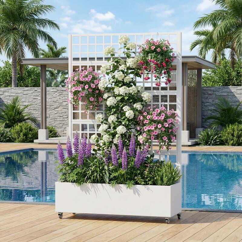 Movable Raised Garden Bed with Trellis and Lockable Wheels