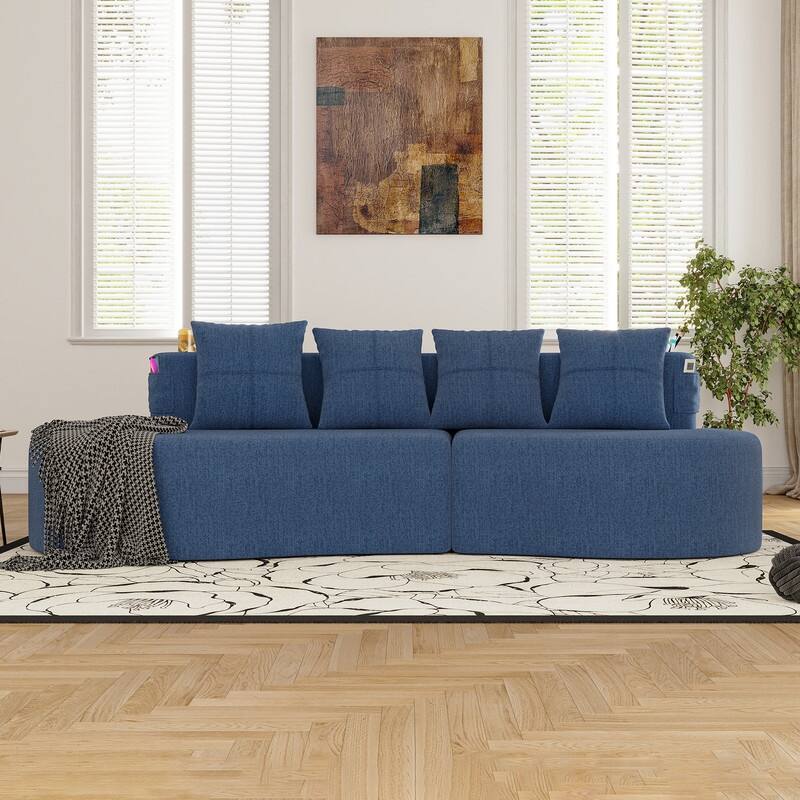 Chenille Upholstered Curved 3 Seat Minimalist Compressed Modular Sectional Sofa - Navy Blue