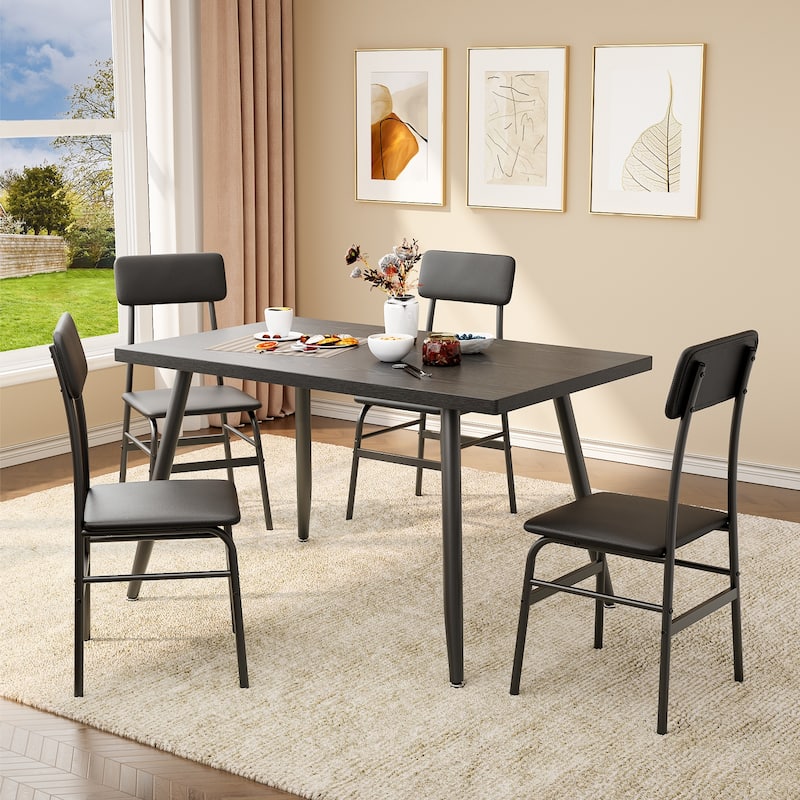 5-Piece Mid-Century Rectangular Dining Table, Industrial Kitchen Table Set with 4 Faux Leather Chairs - Black
