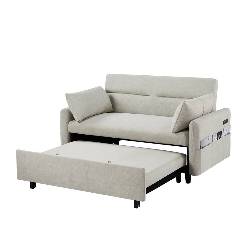 3-in-1 Pull Out Sofa Bed, Couch Bed with Adjsutable Back and Storage Pockets, 2 Seater Sofa with 2 Soft Pillows and USB Ports