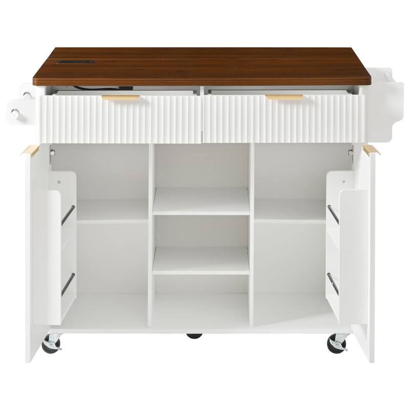 Kitchen Island with Drop Leaf & Power Outlet, Fluted Island Table on Lockable Wheels, Kitchen Cart with Adjustable Shelves