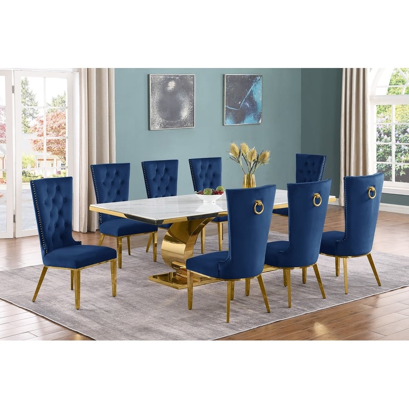Best Quality Furniture D432/3-SC330-7 Dining Set with 87" White Marble Top