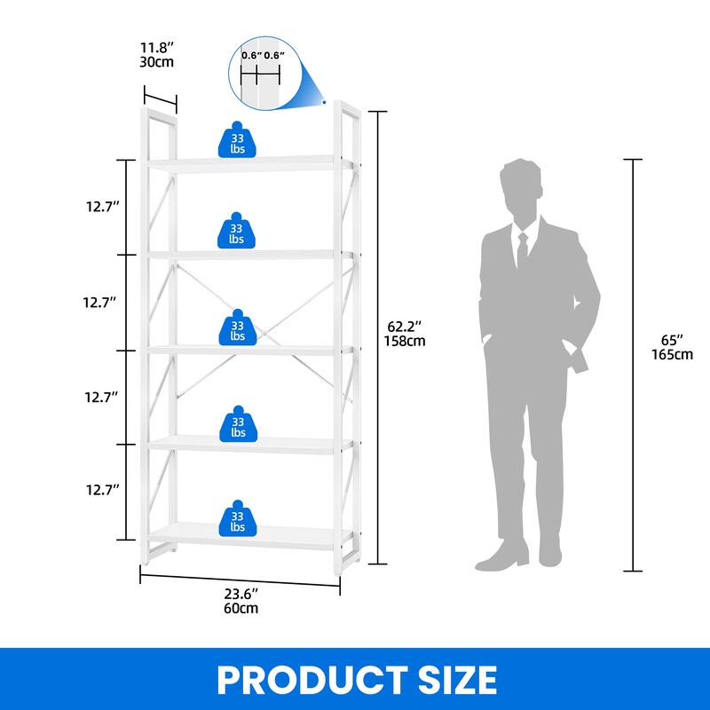 Moasis Industrial 62" Tall 5-Tier Bookshelf Open Shelf Bookcase for Living Room