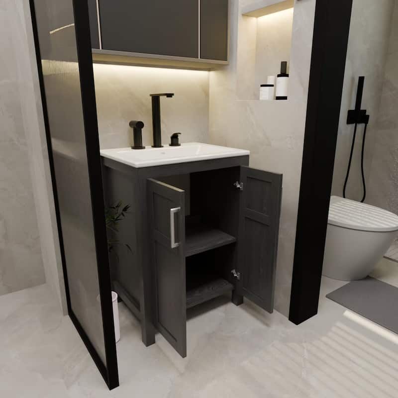 24" Bathroom Vanity with Sink and White Ceramic Sink Faucet & Pop Up Drain Set