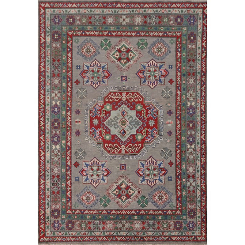 Geometric Kazak Area Rug Handmade Oriental Grey Wool Carpet - 5'6" x 7'9"
