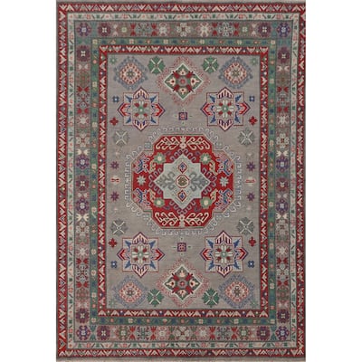 Geometric Kazak Area Rug Handmade Oriental Grey Wool Carpet - 5'6" x 7'9"