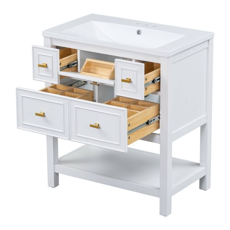 30'' Bathroom Vanity with/without Resin Sink, Freestanding Bathroom Vanity Cabinet with 5 Drawers & Open Shelf, Solid Wood Frame