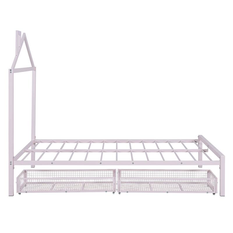 Full Size Metal Platform Bed with Two Drawers and House-Shaped Headboard