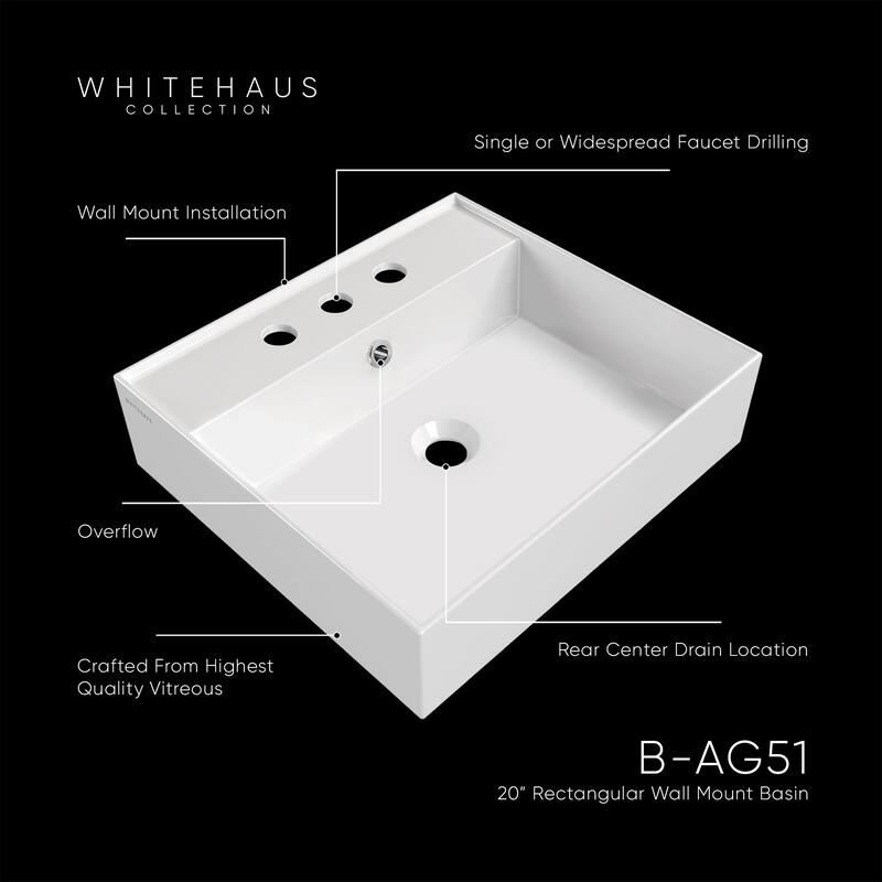 Whitehaus B-AG51-3H 20-1/8" Rectangular Vitreous China Wall Mounted
