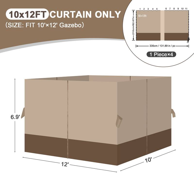 Aoodor Gazebo Curtain Replacement-Universal 4-Panel Sidewalls 10'x12', Curtain Only