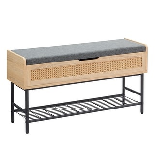 40 Inch Storage Bench with Flip Top Storage Chest 2 Tier Natural Rattan ...