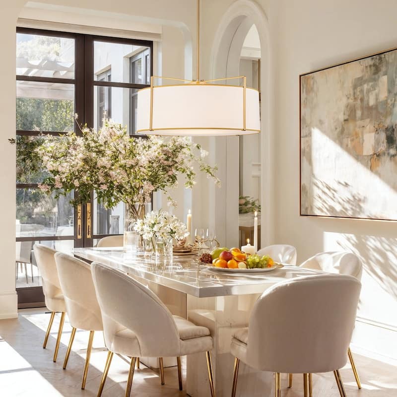 Mid-Century 4-Light White Fabric Drum Lantern Chandelier Ambient Light