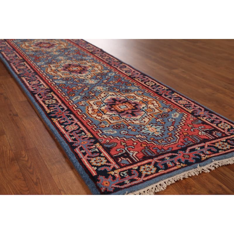 Geometric Heriz Serapi Runner Rug Hand-Knotted Wool Carpet - 2'7" x 7'10" - Blue - 2'7" x 7'10"