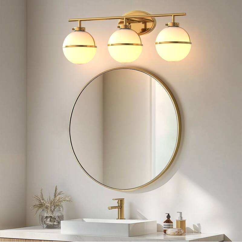 YANSUN 3-Light Gold Industrial Vanity Light with Round Frosted Milk Glass Shades