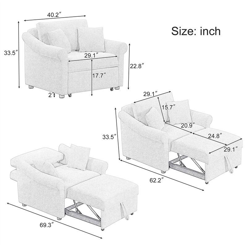 3-in-1 Convertible Sleeper Chair with Adjustable Backrest, Chenille Chair Bed Single Lounger Chair for Living Room