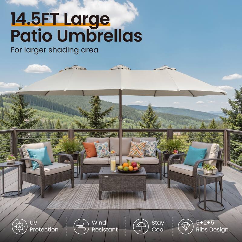 OVIOS 15ft Double-Sided Patio Umbrella with Crank & Weighted Sandbag Base