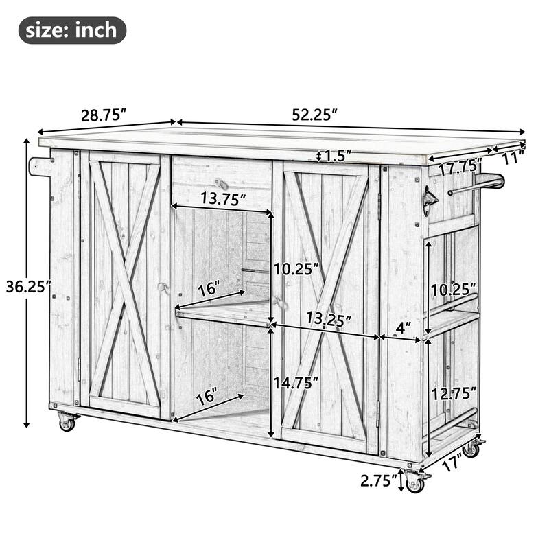 Outdoor Kitchen Island Fir Wood Kitchen Island with Stainless Steel Top, Towel and Spice Racks and a Bottle Opener