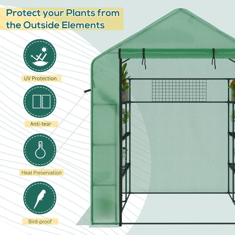 Outsunny 8' x 6' x 7' Portable Walk-in Greenhouse, 18 Shelf Hot House, Roll Up Zipper Door, UV protective