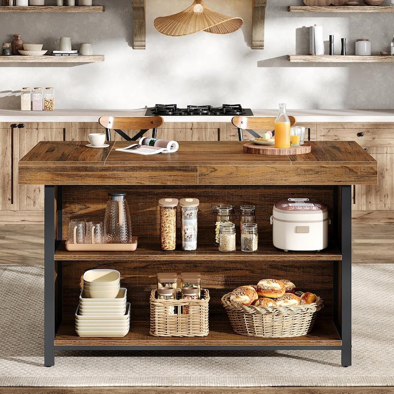 55-Inch Large Kitchen Island with Storage, Wooden Stationary Island Table - 27" D x 55" W x 35" H
