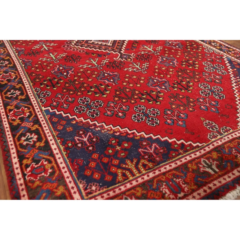 Red Geometric Joshaghan Persian Area Rug Handmade Wool Carpet - 4'3" x 6'11"