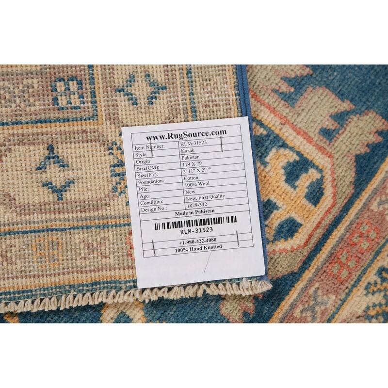 Blue Kazak Foyer Rug Handmade Traditional Geometric Wool Carpet - 2'7"x 3'11"