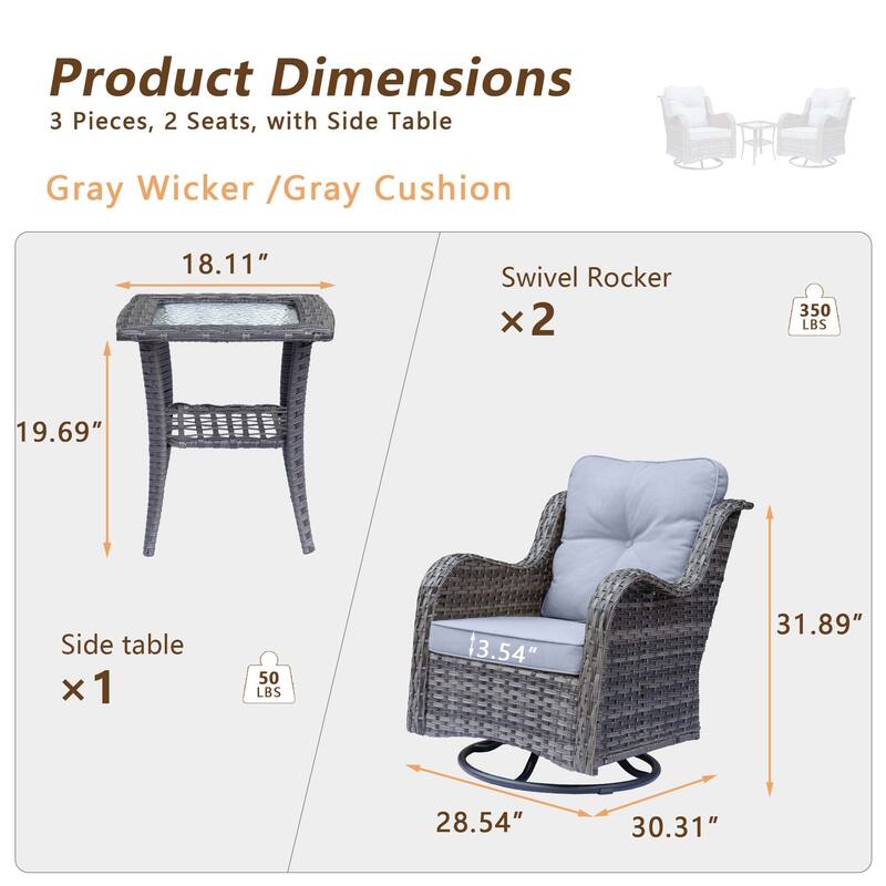 3 Piece High Back Outdoor Wicker Patio Conversation Swivel Chairs Set