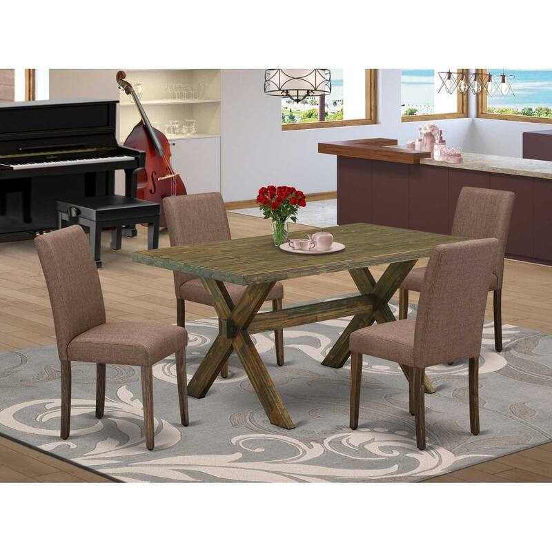HomeStock 5-Pc Rectangle Distressed Jacobean Finish Solid Wood Top Dining Table with 4-Upholstered Chairs