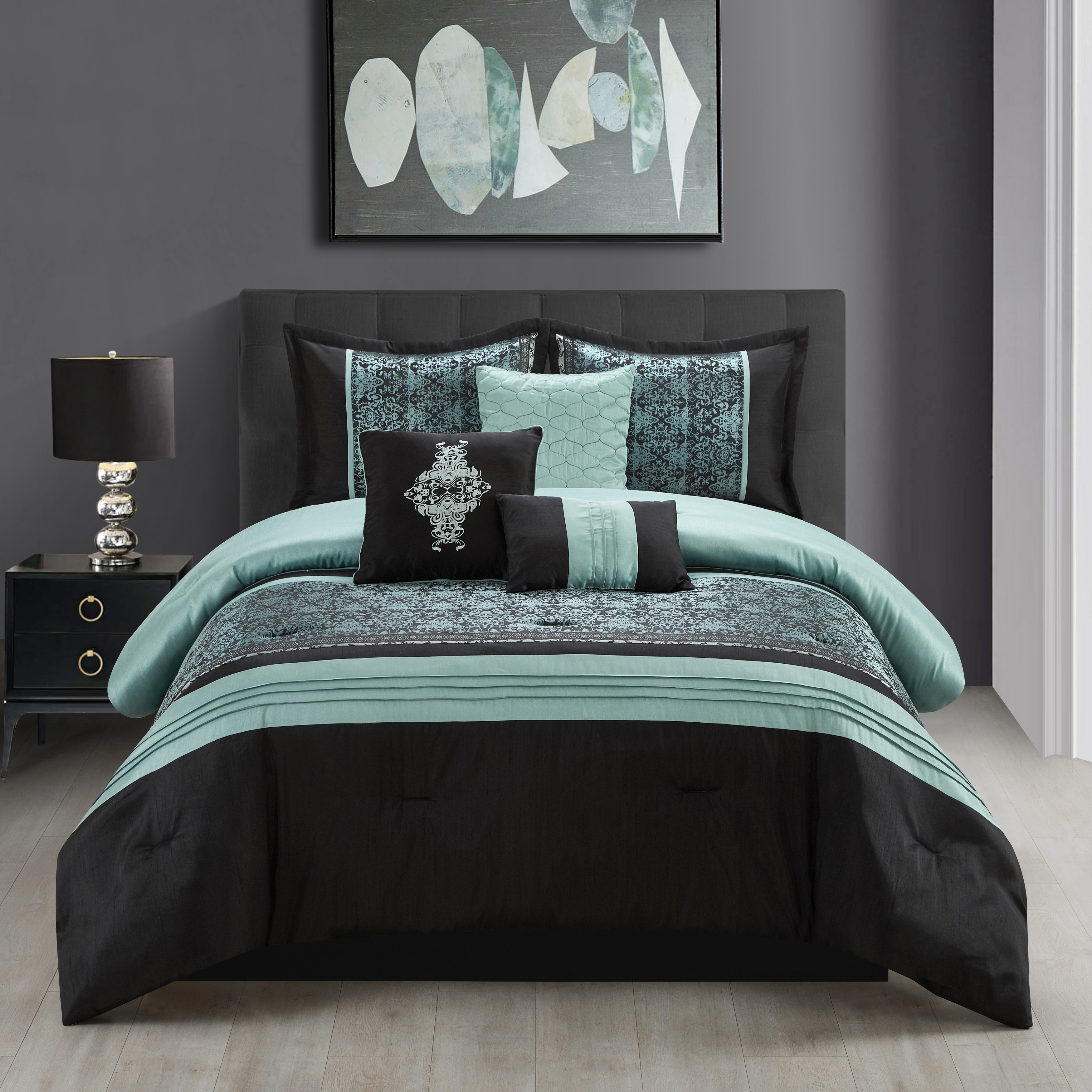 Teal Blue 7 Piece Down Alternative Bedding Comforter Sheet Set Breakfast pillows 