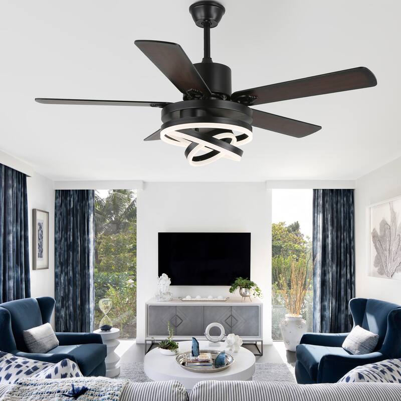 52Inch Modern DIY Shape Reversible Ceiling Fan with LED Light, 6-Speed Ceiling Fan with Remote for Large Room - 52 Inches