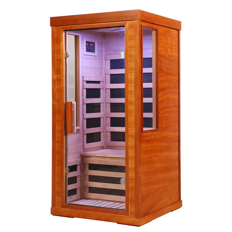 1 Person Far Infrared Sauna Low EMF Carbon Fiber Heating Okoume Wood Home Spa with Bluetooth - N/A - Natural