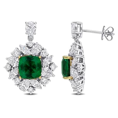3 1/5ct TGW Created Emerald 4 1/5ct TW Lab-Grown Diamond Earrings in 18k Two-Tone Gold