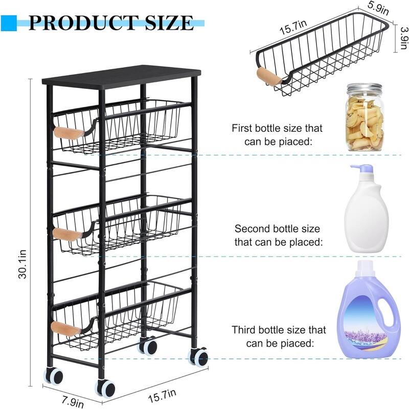4Tier Narrow Rolling Cart - 15.7"D x 7.9"W x 30.1"H