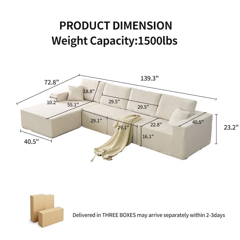 Modular Corduroy Sectional Sofa with Ottoman Chaise Lounge and Pillows