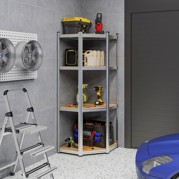 4-Tier Corner Shelving Unit Adjustable Garage Storage Utility Rack 4-Tier Corner Shelving Unit Adjustable Garage Storage Utility Rack