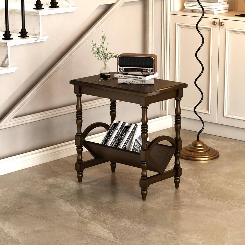 Wooden Side Table Accent Table, End Table Coffee Table with Magazine Rack, Classic Bedside Table with Storage Shelf