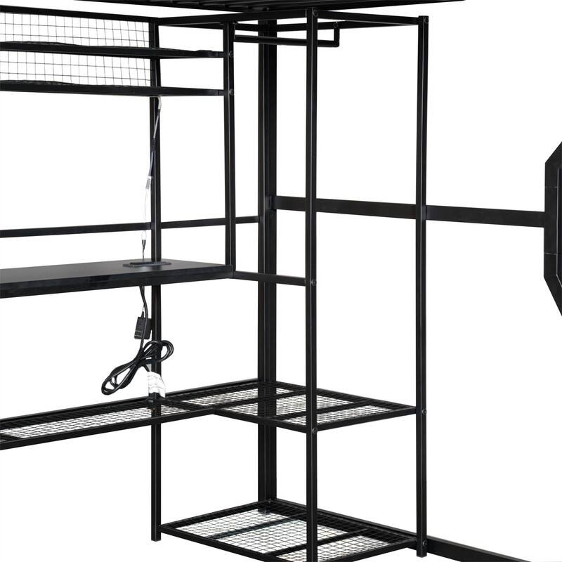 Full Size Gaming Loft Bed with Built-in Work Station, Open Wardrobe and LED Light, Metal Loft Bedframe with Storage Shelves