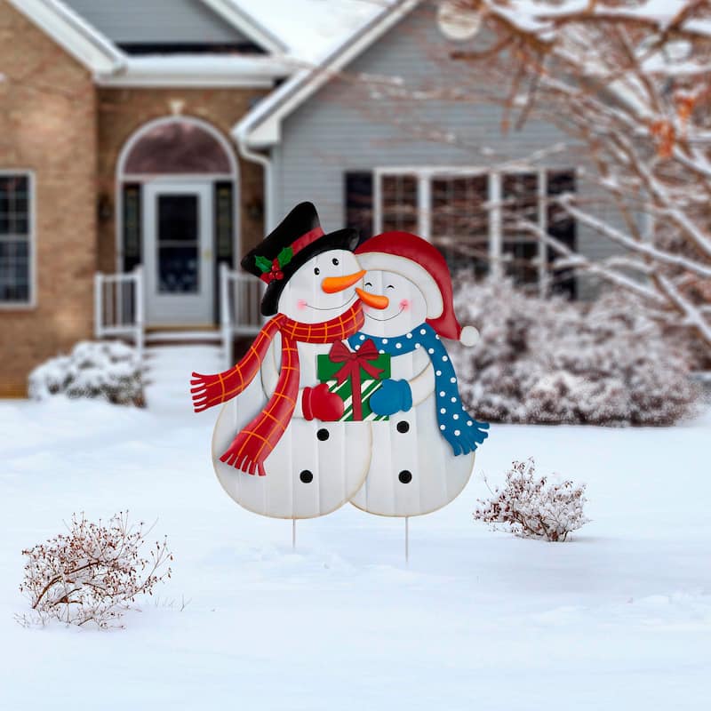 Glitzhome Christmas Metal JOY & NOEL Ornament Snowman Yard Stakes Hanging Decor - 42"H - SnowmanLovers