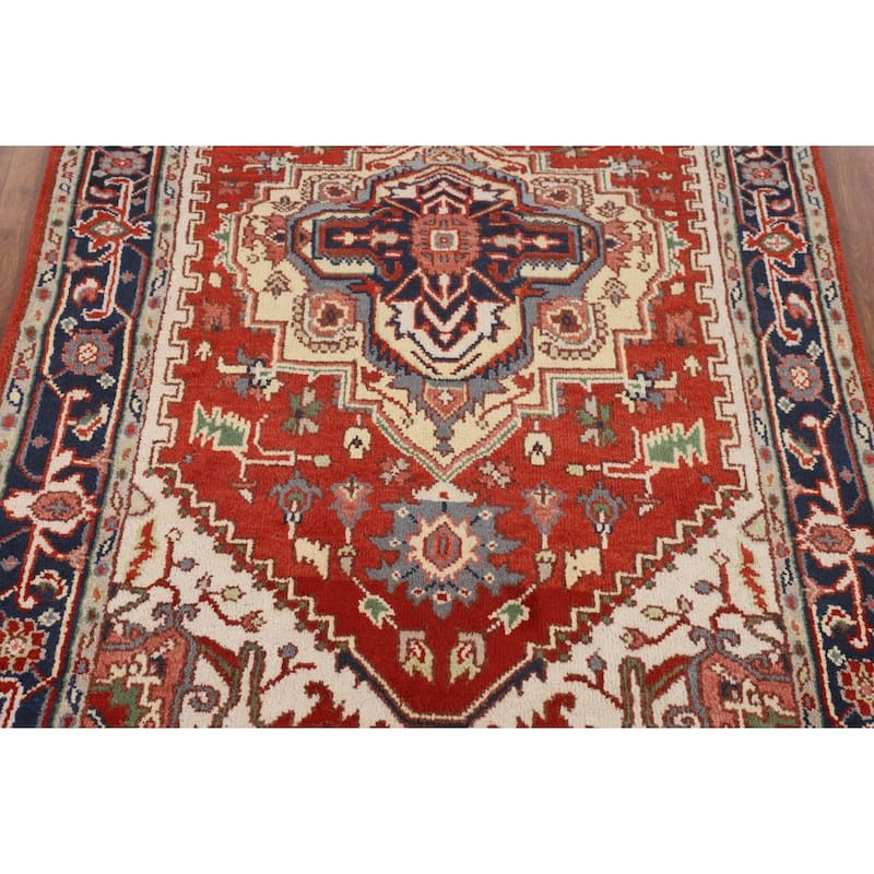 Orange Heriz Serapi Oriental Accent Rug Handmade Wool Carpet - 4'0" X 5'11"