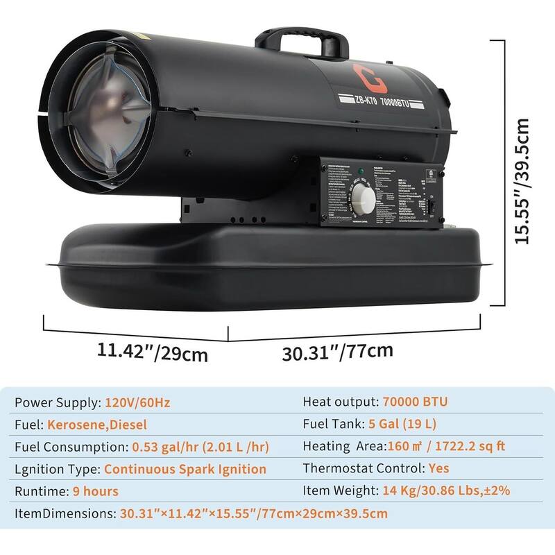 70000 BTUs Forced Air Kerosene Diesel Heater, with Thermostat