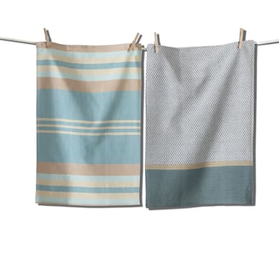 Waterside Stripe Teal Dishtowel Set of 2 - Cotton Kitchen Towels, Everyday Use, Machine Washable, 26" x 18" - Multi