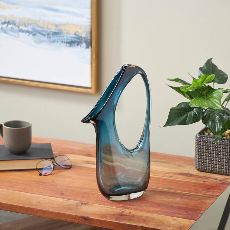 Blue Glass Abstract Vase with Cutout Handle and Elongated Opening - Blue - 9"W, 16"H